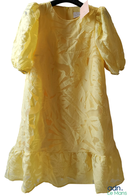 une robe jaune suspendue à un cintre sur fond blanc