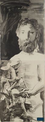 drawing of a man with a beard sitting in a chair with a dog