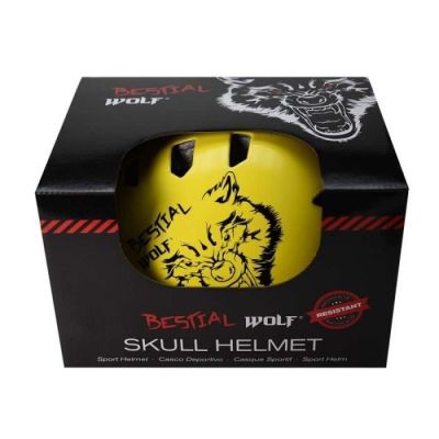 casque jaune en forme de crâne dans une boîte noire sur fond blanc