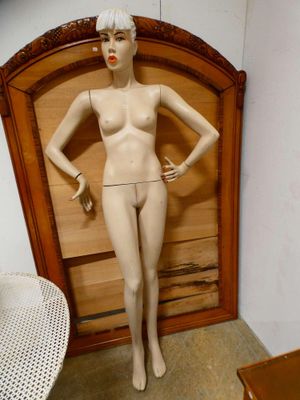 a female mannequin standing in front of a wooden door