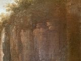 an image of a painting of a man standing on a cliff by a waterfall