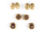 three pairs of gold and amethorate earrings and a pair of amethorate earrings