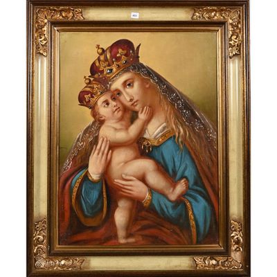 un tableau représentant une femme tenant un bébé dans ses bras, coiffée d'une couronne