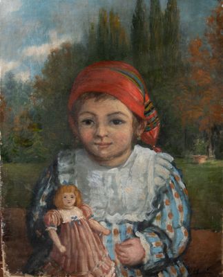 tableau représentant une petite fille tenant une poupée dans un champ