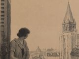 a drawing of a woman looking out a window at a city