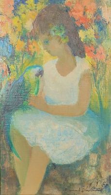 Bernard DEVANNE (XXème). Petite fille au perroquet.