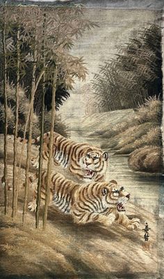 painting of a group of tigers running across a river next to a forest