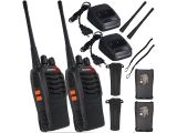 two walkie talkies with batteries, charger, and charger
