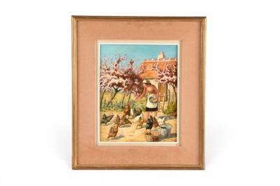 tableau représentant une femme et deux chiens dans un jardin, avec des arbres en arrière-plan