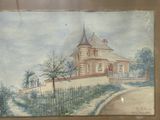 painting of a house on a hill with a fence in front of it