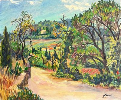 tableau représentant une route de campagne avec des arbres et des buissons au premier plan