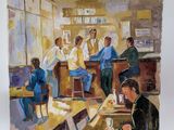 a painting of a group of people sitting at a table