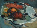 une peinture représentant une coupe de fruits sur une table
