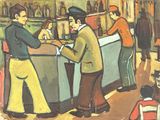 un tableau représentant deux hommes dans un bar en train de discuter