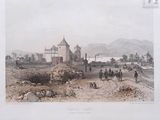 an old picture of a village with a church in the middle of it