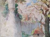 a watercolor painting of a castle on a hill