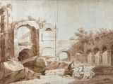 an old drawing of a man and a woman sitting in a courtyard