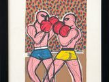 tableau encadré représentant deux boxeurs sur un ring, sur fond à pois