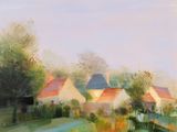 une reproduction d'un tableau représentant des maisons dans un décor champêtre