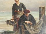 tableau représentant un couple assis sur une plage au bord d'un plan d'eau