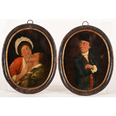 une paire de peintures à l'huile représentant un homme et une femme