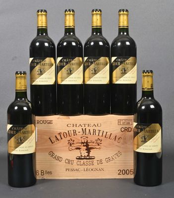 six bottles of red wine in a wooden crate on a table