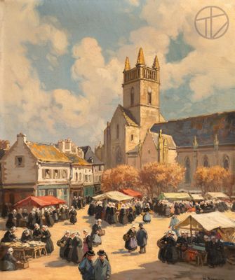 painting of a city square with a church in the background and a crowd of people in the foreground