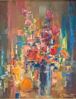 a painting of flowers in a vase on a table
