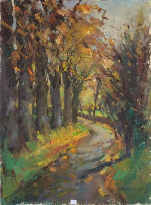 une peinture à l'huile représentant une route dans les bois, bordée d'arbres
