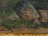 an image of a painting of a dog laying on the ground