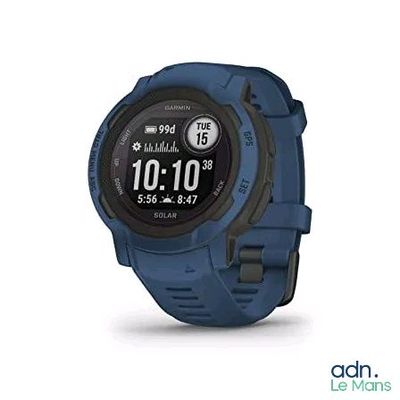 the garmin gps watch is designed to be worn with a blue band