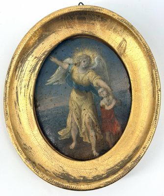 une image représentant un tableau d’un ange et d’un enfant dans un cadre doré