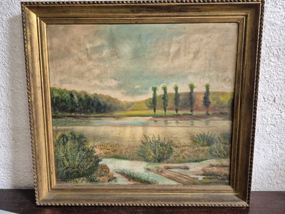 an oil painting of a landscape with trees and a body of water