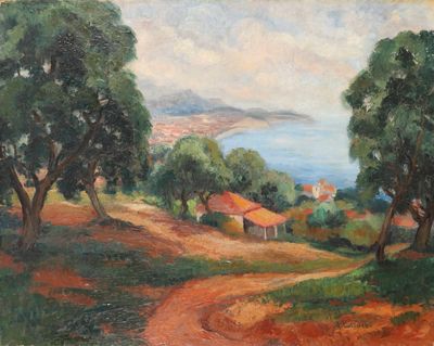 une image représentant une peinture d'un chemin de terre avec des arbres au premier plan