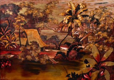 un tableau accroché au mur d'une maison dans les bois