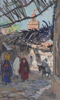 une peinture à l'huile représentant des personnes marchant dans une rue d'un village