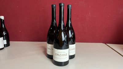 trois bouteilles de vin sont posées sur un comptoir devant un mur rouge