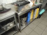a kitchen counter with a lot of pots and pans on it