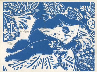 an image of a blue and white drawing of a woman laying on a bed