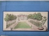 an old picture of a drawing of a park with trees in the foreground
