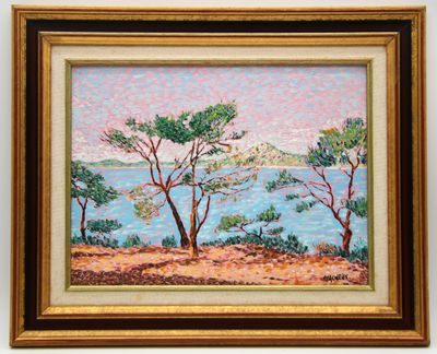 peinture représentant un paysage avec des arbres et un plan d'eau