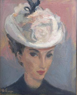 L’élégante au chapeau blanc. Huile sur toile vers 1940 signé…