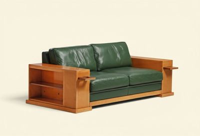 un canapé en cuir vert avec une structure en bois