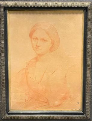 tableau représentant une femme en robe orange, dans un cadre noir