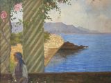 an oil painting of a woman sitting in a garden by the water