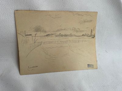 une vieille photo représentant un dessin de paysage avec une clôture