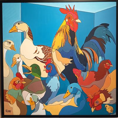 a painting of a group of chickens and ducks in a room