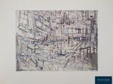 abstract painting of a cityscape in a white frame with a blue border
