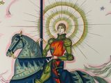 painting of a man riding a horse with a cross on the back