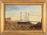 une peinture à l'huile représentant un bateau sur l'eau près d'un quai